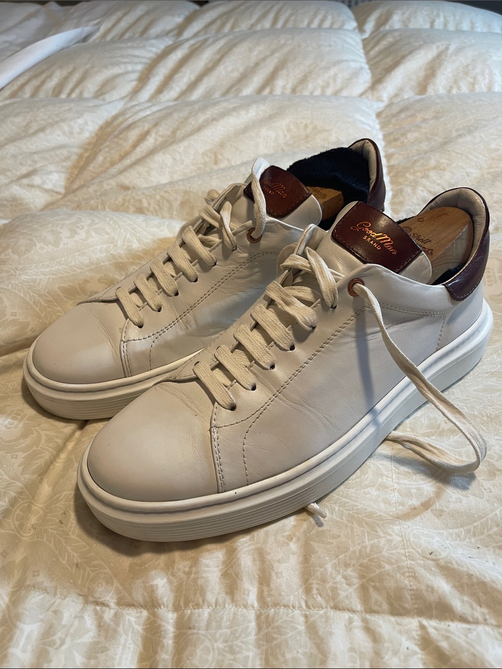 Good Man Brand White Leather Sneakers with Brown Heel Tab